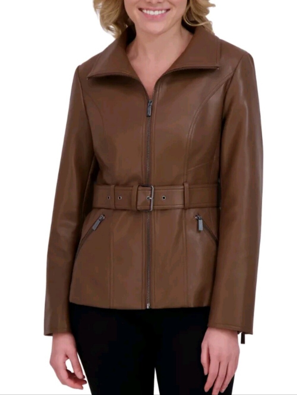 ✨ Kenneth Cole Brown Faux Leather Belted Jacket – XXL ✨